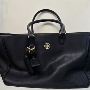 Black Leather Tory Burch Tote Bag with Gold Accents